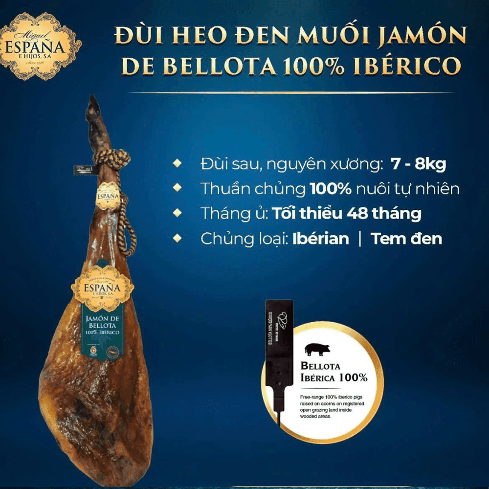 ĐÙI HEO ĐEN MUỐI JAMÓN DE BELLOTA 100% IBÉRICO ESPANA ĐÙI SAU ,NGUYÊN XƯƠNG